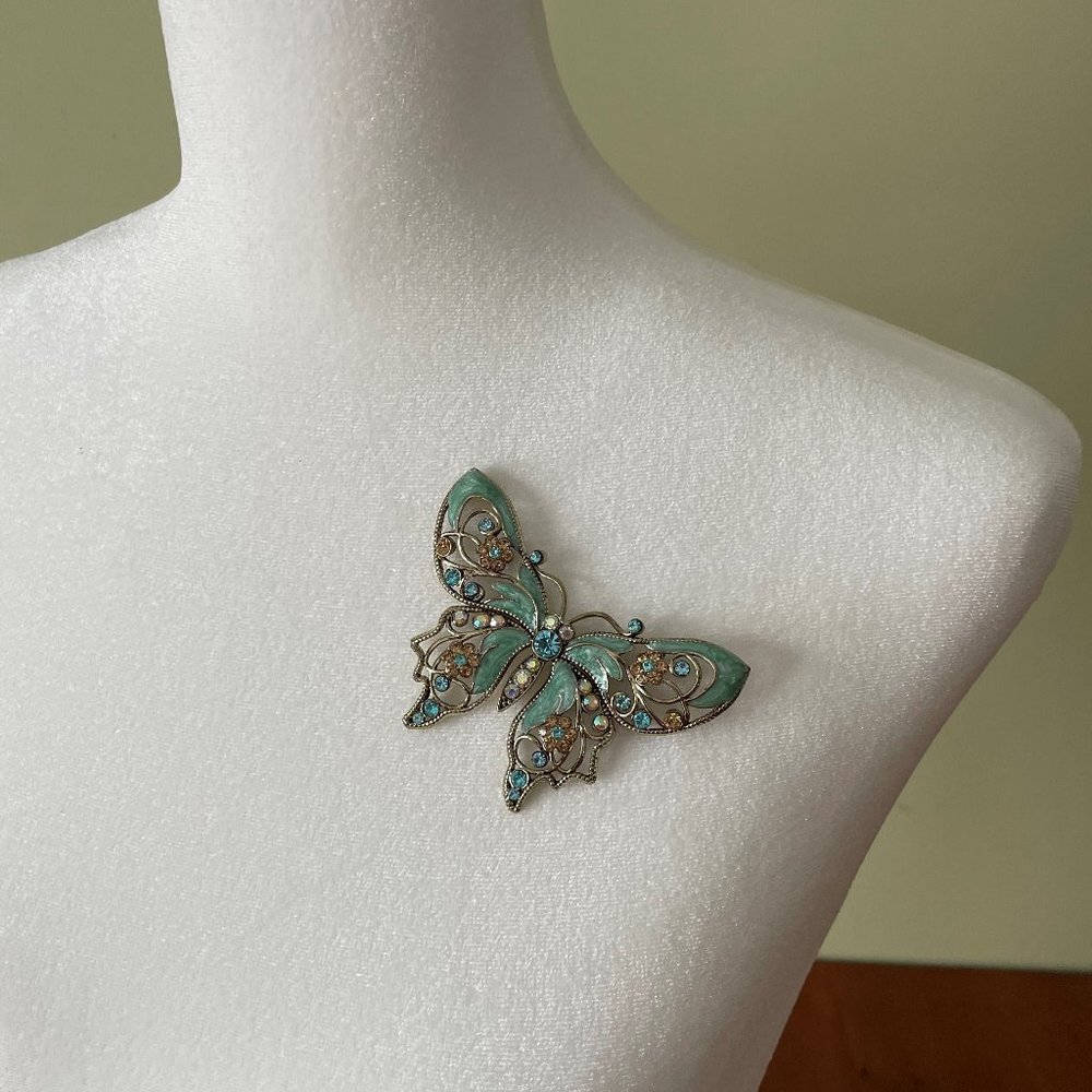 Beautiful Aqua Blue Enamel and Pink Rhinestone Butterfly Brooch Pin
